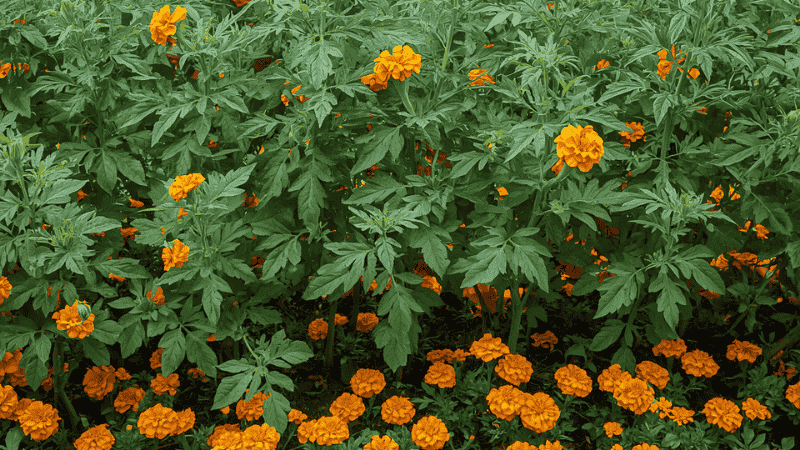 A row of lush, bright orange French marigolds is planted around the mature tomato plants in the vegetable garden, serving as a natural barrier.