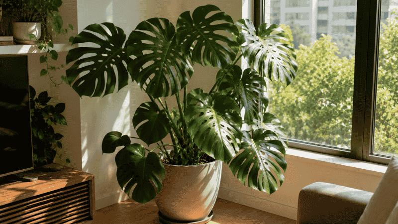 A large healthy monstera deliciosa with dramatic split and perforated leaves in a ceramic pot near a bright apartment window — complete monstera care guide for beginners

