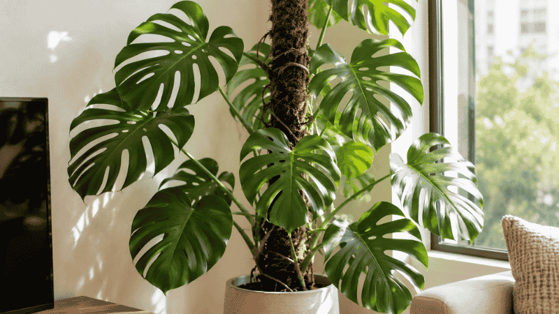A monstera deliciosa climbing a tall moss pole with aerial roots gripping the support and large fenestrated leaves fanning out — moss poles encourage larger leaves and deeper fenestrations
