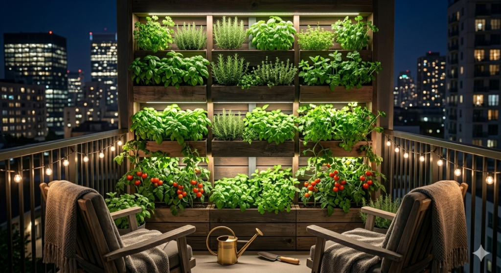 A stunning illuminated DIY vertical herb garden on a city balcony at night featuring fresh basil and kale.