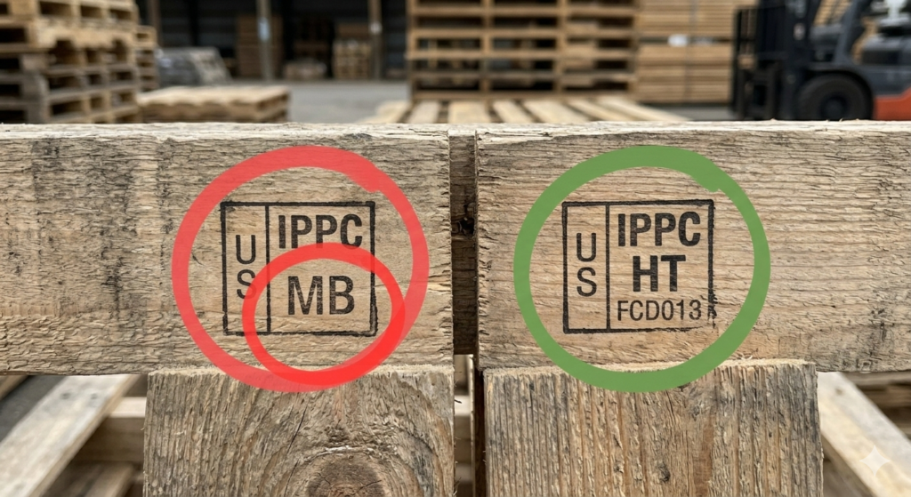 A comparison of pallet stamps showing the toxic MB Methyl Bromide stamp and the safe HT Heat Treated stamp.
