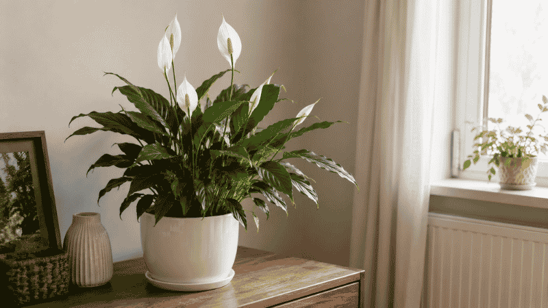 A healthy peace lily with glossy dark green leaves and elegant white flowers in a white ceramic pot near a bright window — complete peace lily care guide for beginners
