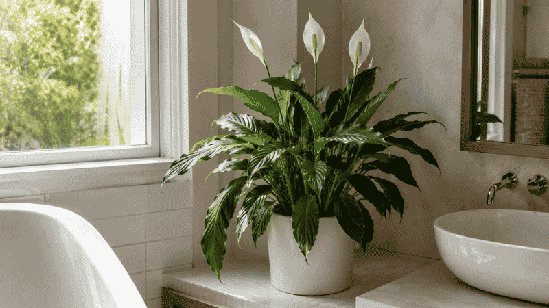 A peace lily thriving in a bright bathroom with natural humidity — kitchens and bathrooms are ideal rooms for peace lilies that need higher moisture levels

