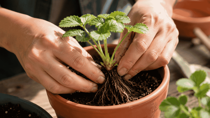 Hands carefully planting a strawberry seedling with the crown at soil level in a terracotta pot — correct crown placement is the most important technique for growing strawberries in pots
