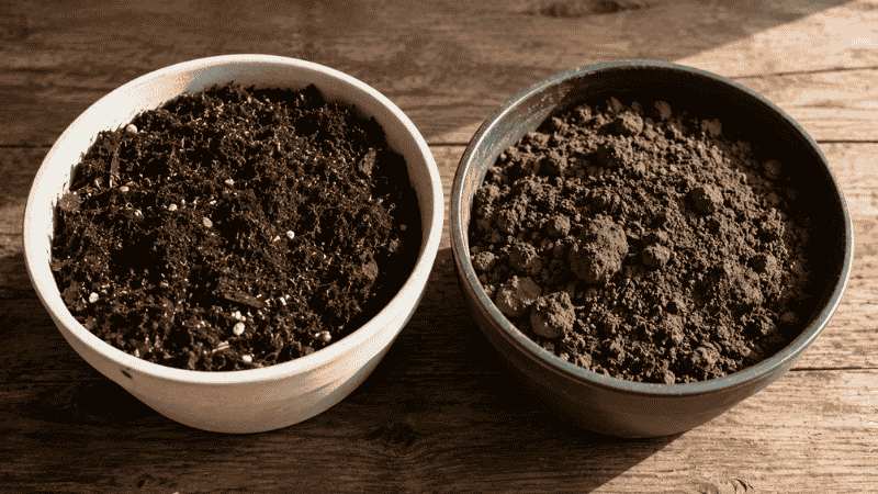 Two containers showing the difference between quality potting mix and compacted garden soil — always use potting mix for container gardening, never garden soil
