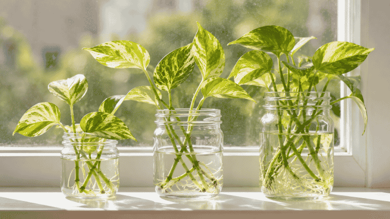 Pothos stem cuttings rooting in glass jars of water on a bright windowsill — propagating pothos in water is the easiest way to get free new plants
