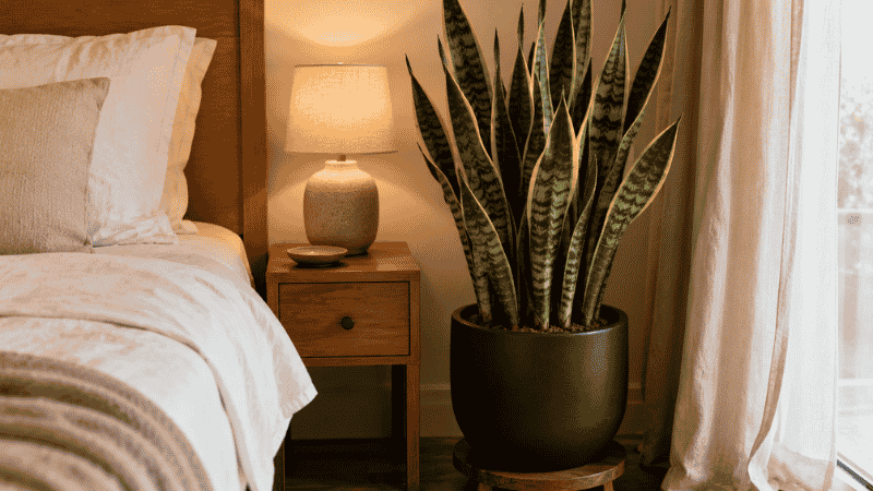 A healthy snake plant in a dark ceramic pot in a cozy bedroom corner — snake plants release oxygen at night making them one of the best plants for bedrooms