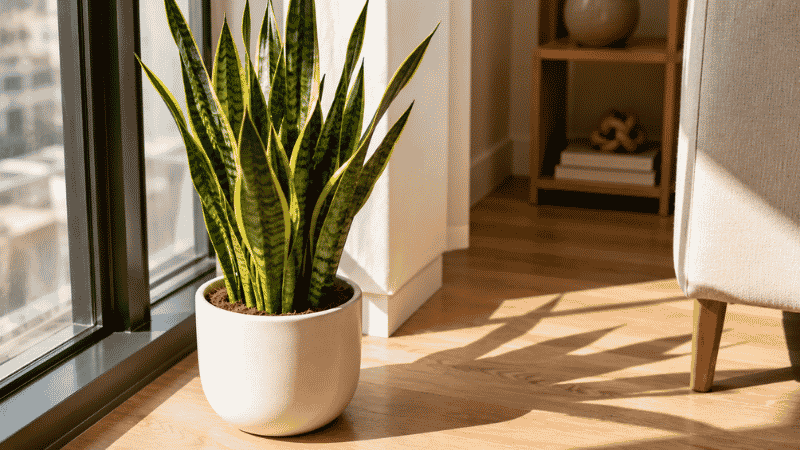 A tall healthy snake plant with upright variegated leaves in a white ceramic pot next to a bright apartment window — complete snake plant care guide for beginners

