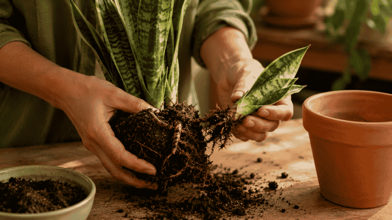 Hands separating a snake plant pup from the parent plant root ball for propagation — dividing pups is the easiest way to get free new snake plants
