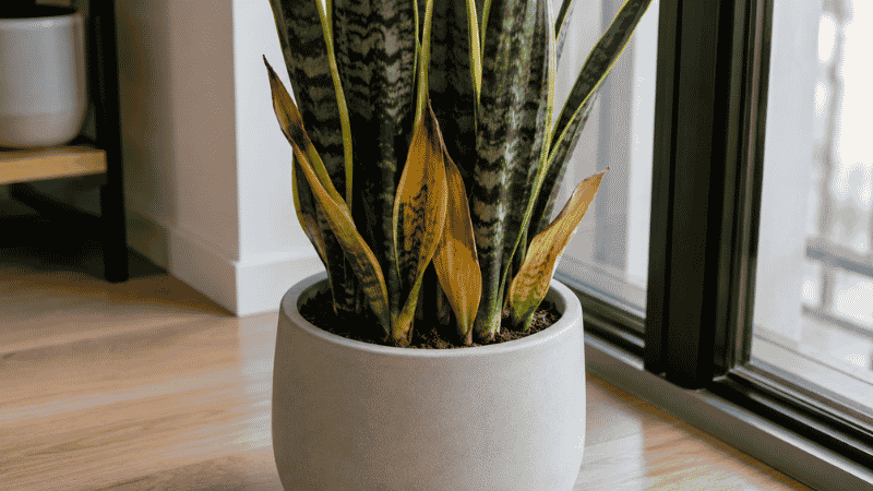 A snake plant with yellowing leaves at the base — yellow leaves are almost always caused by overwatering and are one of the most common snake plant care problems
