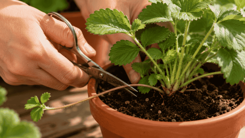 A hand snipping a strawberry runner with scissors at the base of the plant — removing runners is the single most important habit for maximizing fruit production in container strawberries
