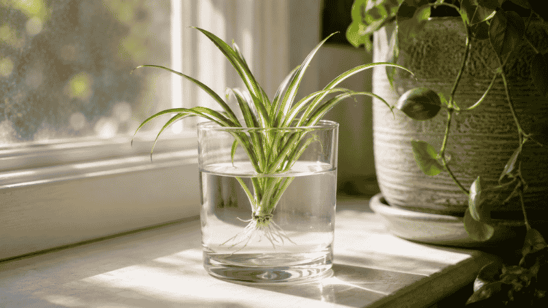 A spider plant baby (spiderette) with small white roots developing in a glass of water on a windowsill — propagating spider plant babies in water is one of the easiest ways to get free new plants
