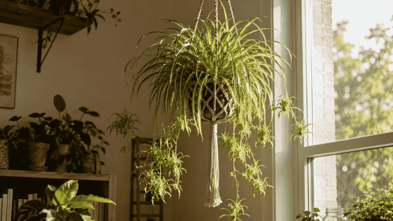 A lush spider plant in a macramé hanging basket near a bright apartment window with long trailing stems and baby spiderettes — spider plants look beautiful displayed as hanging plants