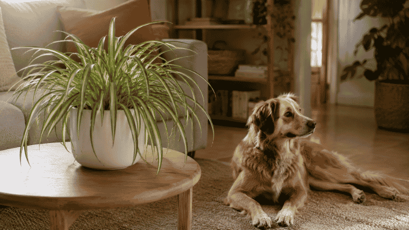 A spider plant in a white pot on a coffee table with a dog resting nearby — spider plants are confirmed non-toxic to cats and dogs making them one of the best pet-safe houseplants
