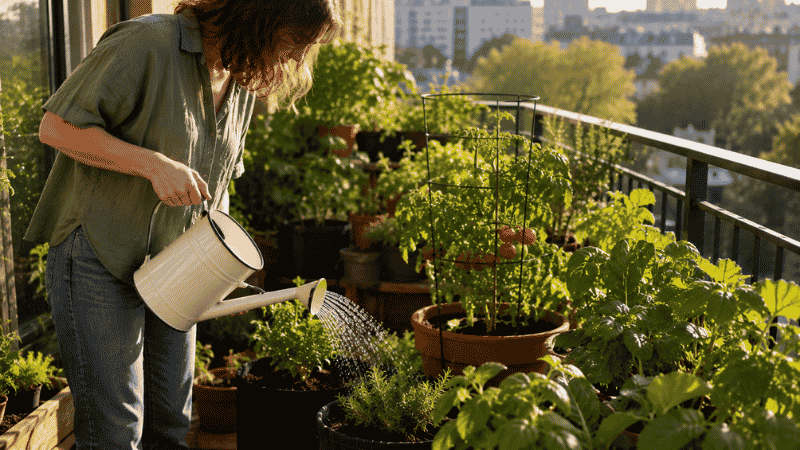 A person watering a container vegetable garden with a watering can on a sunny balcony in the morning — consistent watering is the most important skill in container gardening

