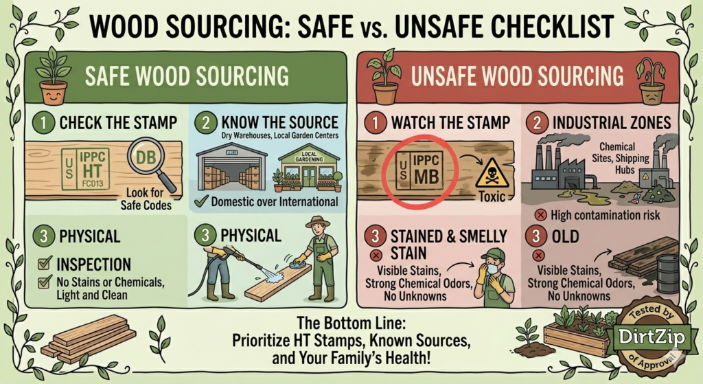 An infographic checklist from DirtZip explaining how to source safe, non-toxic wood for DIY gardening projects.