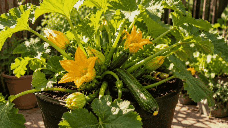 A compact zucchini plant with yellow flowers and small green fruits growing in a large container on a sunny patio — one of the most prolific and easiest vegetables for beginners
