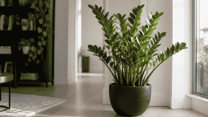 A healthy ZZ plant with tall glossy dark green stems in a dark ceramic pot on a wooden floor in a modern apartment — complete ZZ plant care guide for beginners
