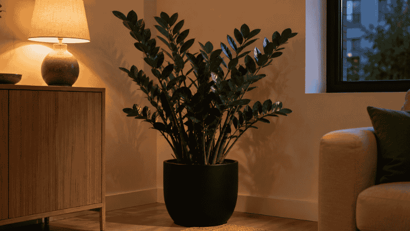 A tall healthy ZZ plant in a matte black pot thriving in a cozy dim apartment corner with warm lamp light — ZZ plants are one of the best low-light houseplants for beginners