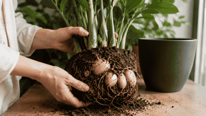 A ZZ plant removed from its pot showing the large pale fleshy rhizomes at the root base — these potato-like water storage organs are why ZZ plants survive weeks without watering
