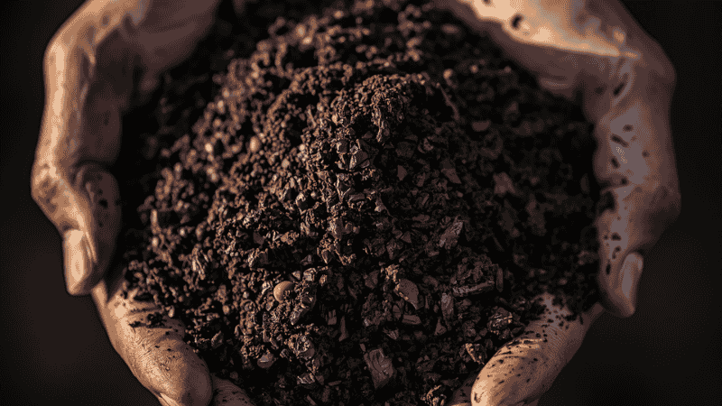 A close-up of "Black Gold"—finished compost that looks like dark, crumbly chocolate cake, held in a gardener's cupped hands.