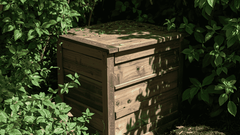 A rustic wooden compost bin tucked into a sunny garden corner, surrounded by lush green foliage and a small pile of freshly turned dark earth.