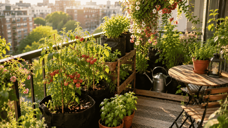 A lush apartment balcony garden with grow bags and pots of tomatoes, herbs, and flowers with a small bistro table in warm afternoon light — complete beginner's guide to starting a balcony garden