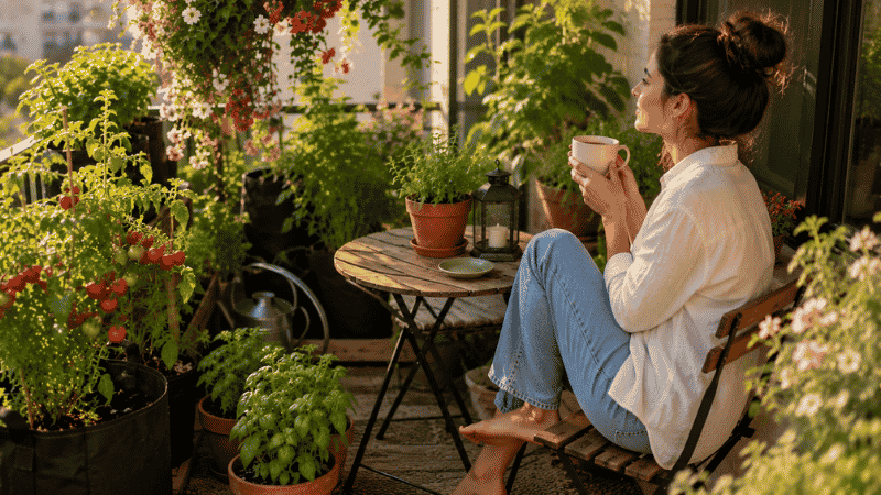 A person sitting with coffee at a small table surrounded by a lush balcony garden — a well-planted balcony becomes a private green sanctuary to enjoy morning and evening