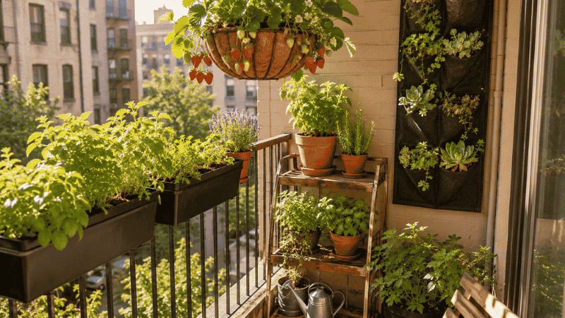 A small balcony maximizing vertical space with railing planters, wall-mounted pocket planters, hanging baskets, and a tiered plant stand — using vertical space is the key to a productive small balcony garden