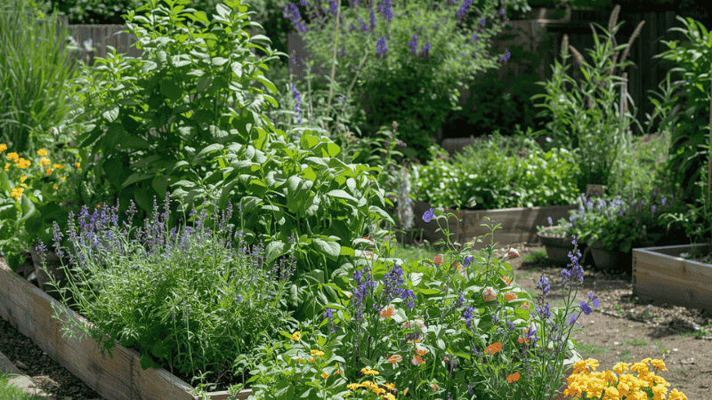 A sunny backyard garden, with neatly arranged wooden raised beds and terra cotta flower pots, is filled with lush herb plants and flowers.