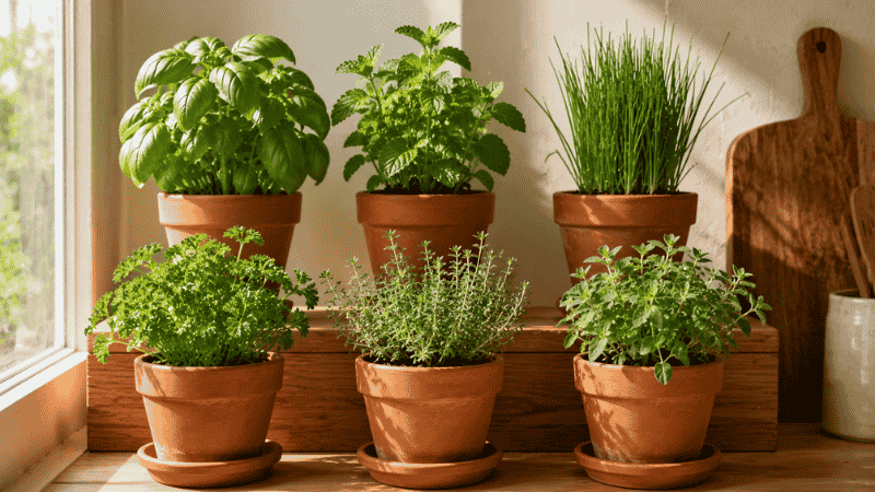 Six terracotta pots of the best herbs for indoor gardens — basil, mint, chives, parsley, thyme, and oregano — arranged on a bright wooden kitchen shelf
