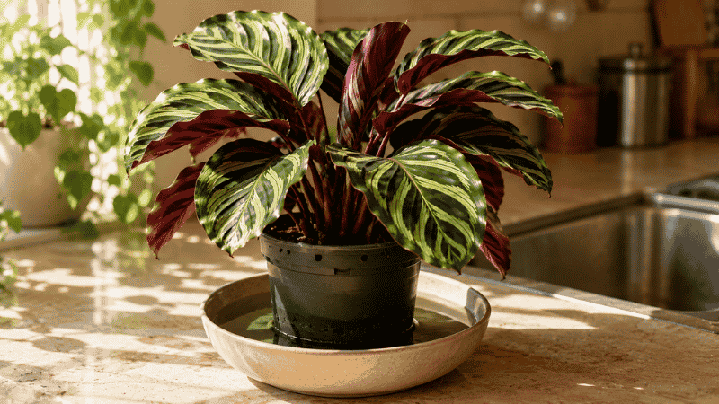 A calathea nursery pot sitting in a shallow bowl of water to absorb moisture from below — bottom watering is the most effective watering method for calathea care
