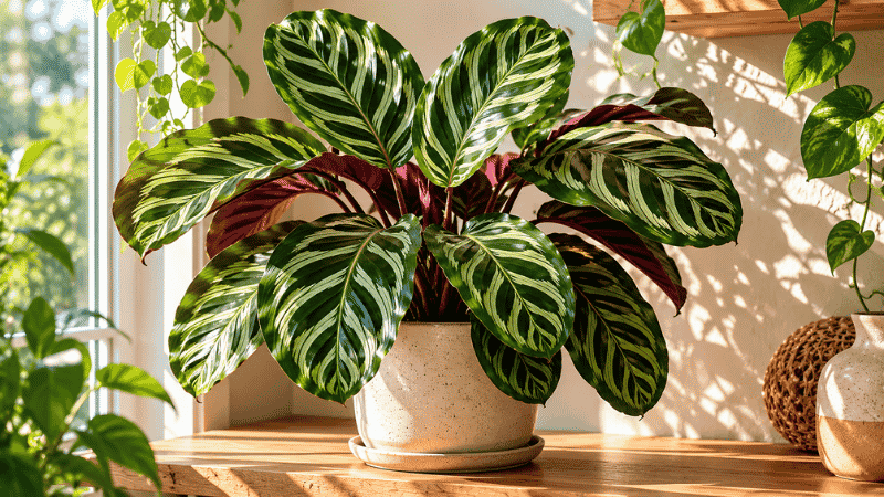 A stunning calathea plant with dramatic patterned green and cream striped leaves in a ceramic pot on a wooden shelf — complete calathea care guide for beginners
