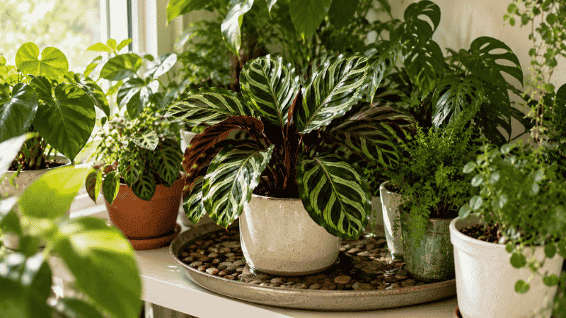 A calathea on a pebble tray with water surrounded by grouped tropical plants — pebble trays and plant grouping are the most effective ways to increase humidity for calathea care
