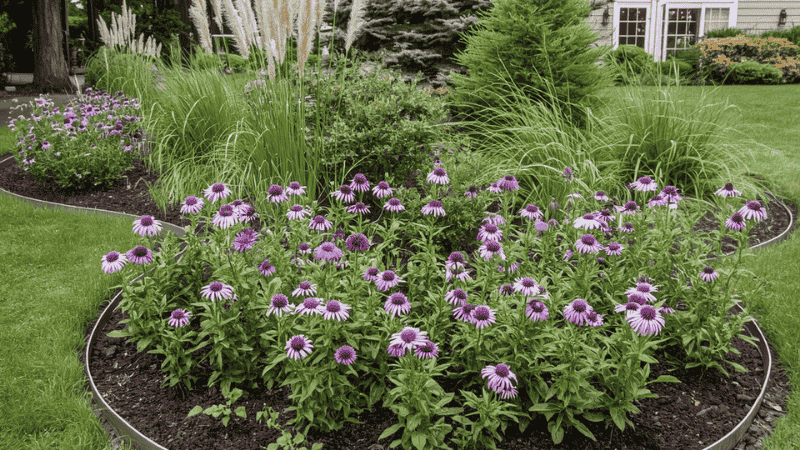 A charming suburban front yard, with a curving garden bed filled with purple daisies and ornamental grasses, and a neat steel edging along the perimeter.