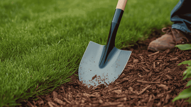 A gardener is using a flat-edge edger to create a neat and clear boundary line between the lush green lawn and the newly laid garden beds covered with mulch.