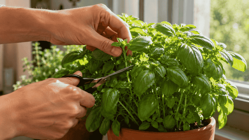 Hands using scissors to harvest fresh basil from an indoor herb plant just above a leaf node — regular harvesting is the most important habit for keeping an indoor herb garden productive
