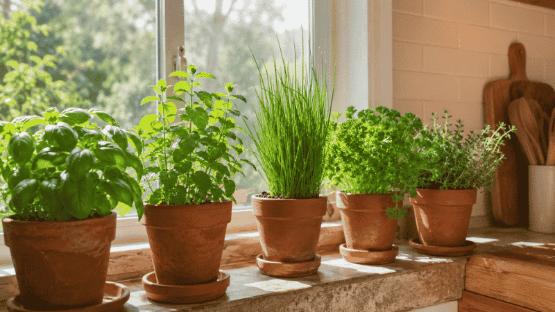 A beautiful indoor herb garden on a bright kitchen windowsill with terracotta pots of basil, mint, chives, parsley, and thyme in warm morning sunlight — complete beginner's guide to indoor herb gardens
