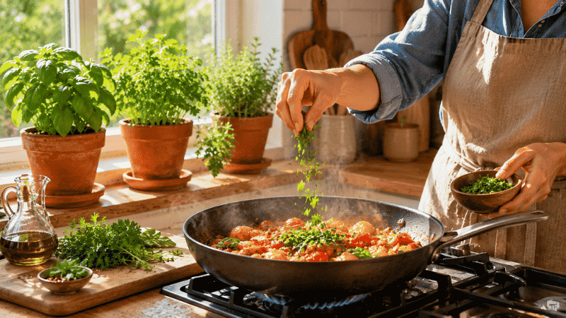 A person adding freshly harvested herbs from their indoor herb garden into a pan on the stove — the most rewarding moment of growing your own herbs at home
