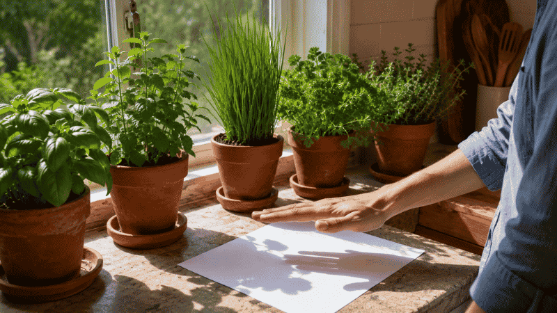 A person testing light levels at a windowsill by checking shadow quality — understanding your window direction and light levels is the most important step before starting an indoor herb garden
