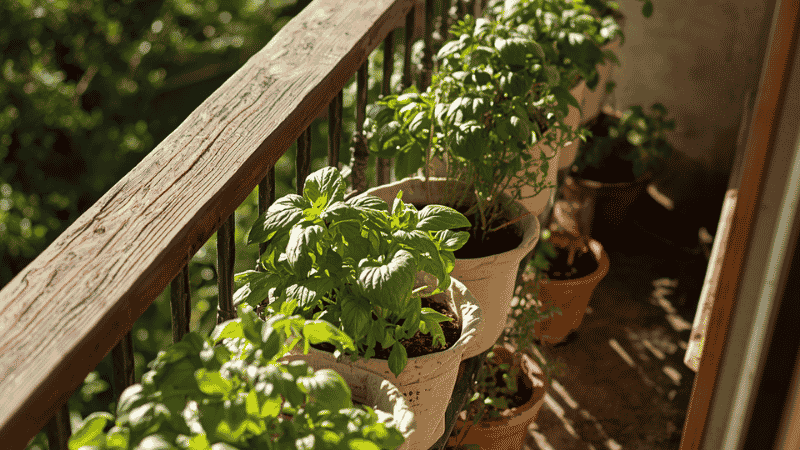 A sun-drenched apartment balcony filled with healthy herbs and vegetables growing in fabric grow bags and ceramic pots.