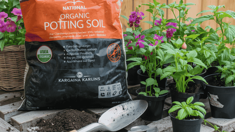 An organized wooden gardening bench with a bag of organic potting soil, a trowel, and small herb plants ready for transplanting.