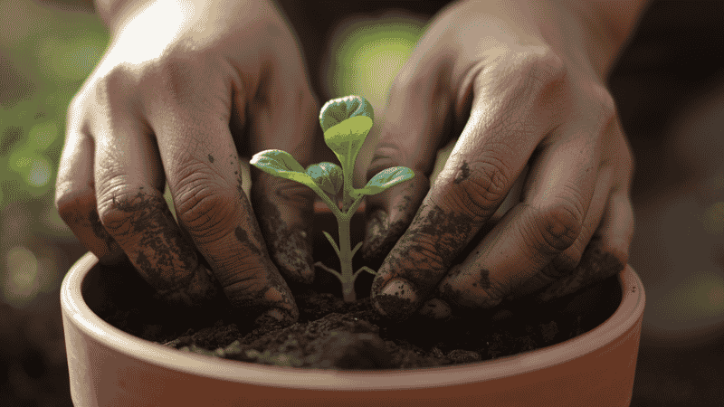 Close-up of a gardener's soil-stained hands planting a green vegetable seedling into a terracotta pot.