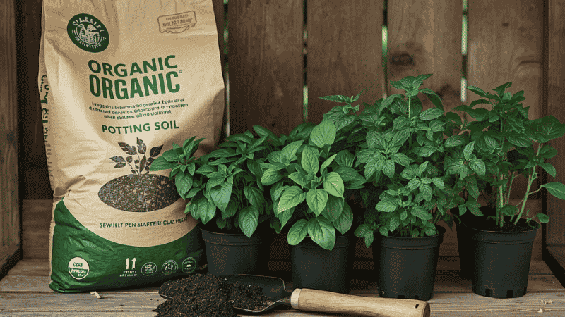 An organized wooden gardening bench with a bag of organic potting soil, a trowel, and small herb plants ready for transplanting.