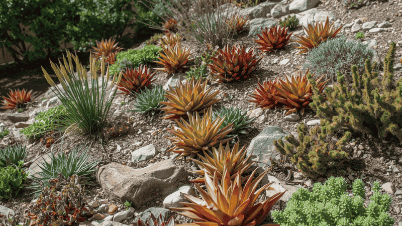 A steep front yard slope has been transformed into a colorful and low-maintenance rock garden, filled with drought-resistant succulent plants and creeping ground cover plants.