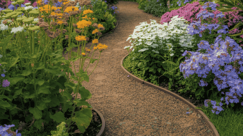 The garden path is covered with light-colored straw mulch, and healthy green vegetable plants are thriving from the openings in the mulch.