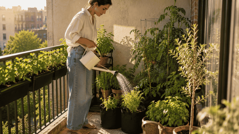 A person watering balcony garden containers with a watering can on a sunny morning — balcony containers dry out faster than indoor pots and need regular checking in warm weather