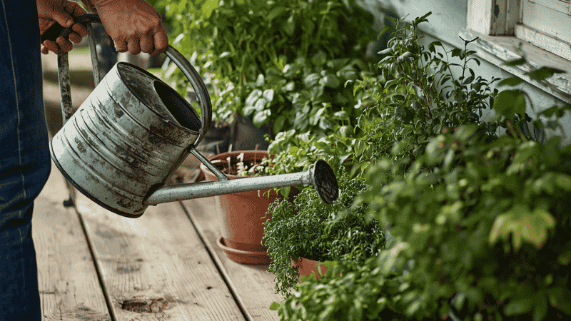 A peaceful morning scene of a gardener using a vintage watering can on a variety of lush potted herbs on a wooden porch.