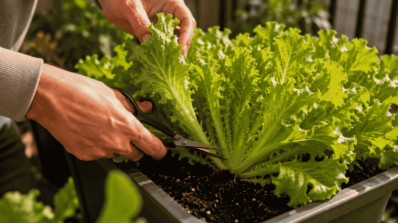 Hands using scissors to harvest outer lettuce leaves from a container plant while leaving the center crown intact — the cut-and-come-again method produces multiple harvests from one planting
