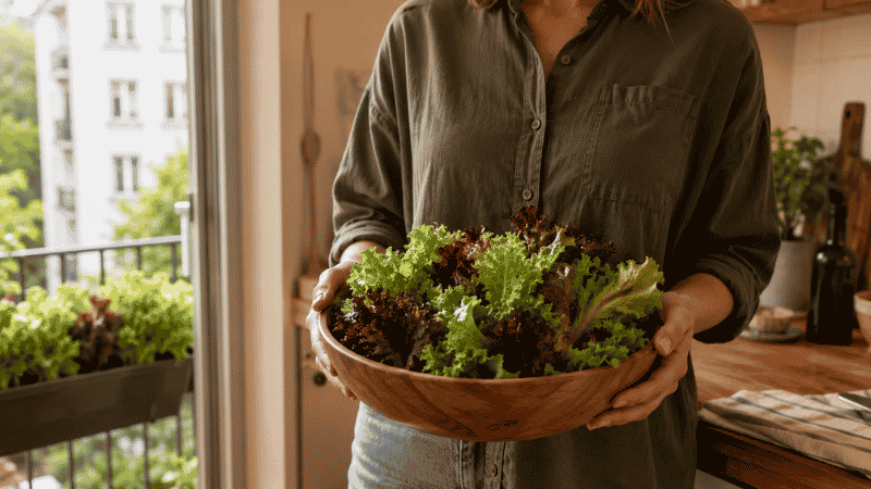 A person holding a bowl of freshly harvested colorful lettuce leaves from their container garden — homegrown lettuce is ready to harvest in 30 days and tastes completely different from store-bought